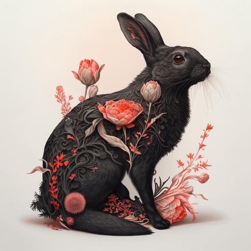 photorealistic, highly detailed, full body black rabbit from the side,red letter sigils, occult symbols, spiderwebs, flowers, quartz crystals, surreal, embroidery, red ribbon, peach pink, botanical tattoo, white background