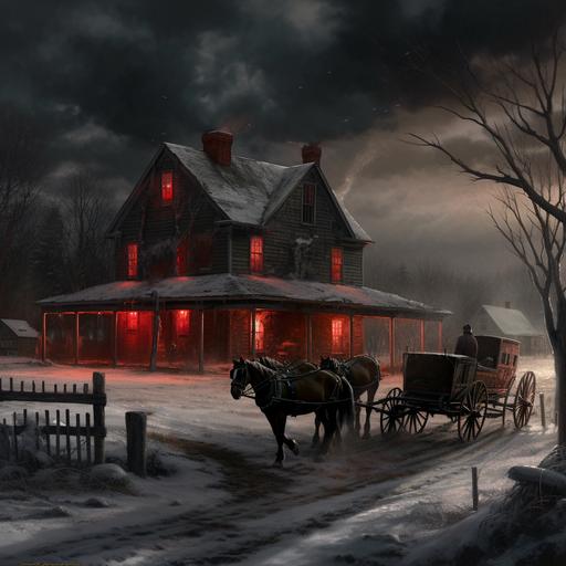 photorealistic, horse and buggy heads toward an old farm house with bright red light pouring from the windows. Black cloud over the house. Snow on ground. Snowing. Horses. Barn. She’s. Ominous, dark, scary. --v 5 --s 250