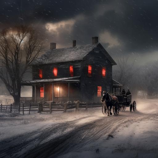 photorealistic, horse and buggy heads toward an old farm house with bright red light pouring from the windows. Black cloud over the house. Snow on ground. Snowing. Horses. Barn. She’s. Ominous, dark, scary. --v 5 --s 250