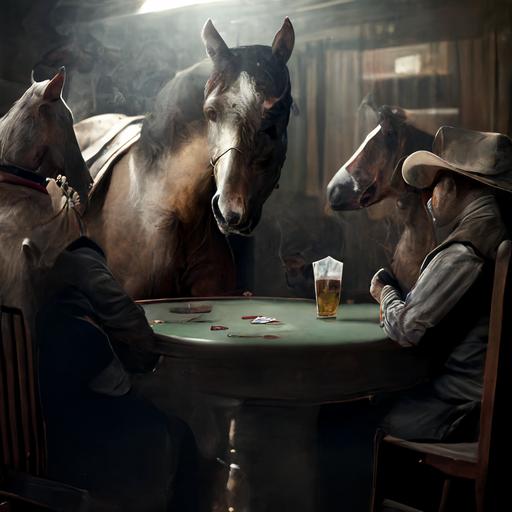 photorealistic horses sitting a table playing poker dressed smartly drinking alcoholic beverages and smoking