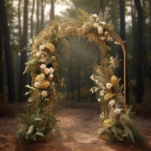 photorealistic, hyper detail, hi-res, sage and rustic flower wedding Arch in forest wrapped in gold silk, 8k, abstract