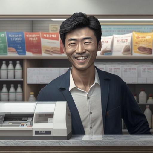 :photorealistic image of a Korean man behind the cash register of a Korean convenience store, smiling and waving goodbye