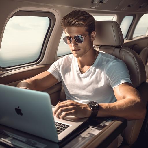 photorealistic image of a young handsome man driving a luxury car, wearing a wrist watch and white t shirt, on the passenger seat is a laptop, a passport and 2 plane tickets. 8k, high definition, very detailed, 24mm wide angles lens, insanely realistic