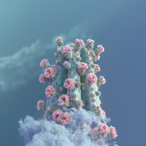 photorealistic image of call cactus with small pink flowers growing all over it with ethereal blue background