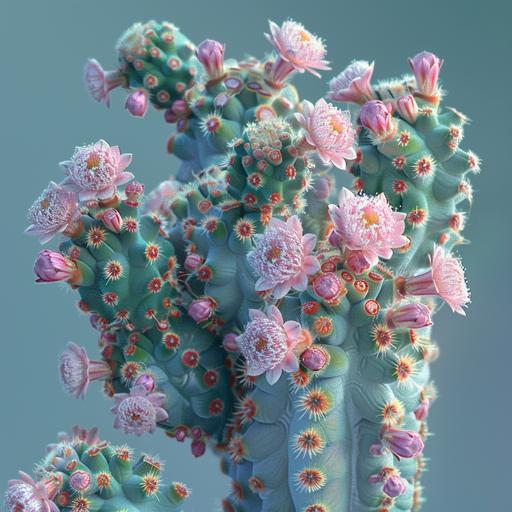 photorealistic image of call cactus with small pink flowers growing all over it with ethereal blue background