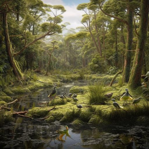 photorealistic kahikatea swamp and densed forst in new zealad with lots of birds, mammels, fruits