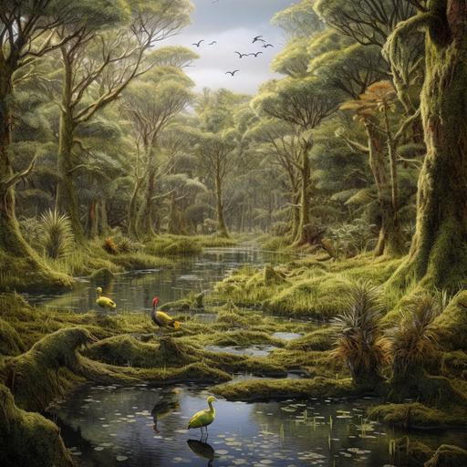 photorealistic kahikatea swamp and densed forst in new zealad with lots of birds, mammels, fruits