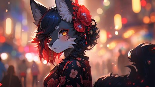 (photorealistic), (kemono), (masterpiece), (best quality), (best possible image), (ultra-detailed)(sharp focus), (fursona), (furry) Wallpaper. A lovely female anthropomorphic Siamese feline dressed in a highly detailed shimmering red and blue silk kimono. Facing forward and slightly to the right. Seen from mid-chest to above head. Blue eyes. Light brown Siamese cat facial markings. One hand is extended before her and to one side. A shimmering pale blue ovoid spindle hovers above her upturned palm with blurred motion lines as if spins. Little motes of light surround it. Her attention is fixed on this object. Completely black background. Vector graphic illustration in the style of Studio Ghibli,8k --ar 16:9 --niji 5