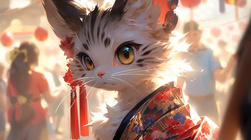 (photorealistic), (kemono), (masterpiece), (best quality), (best possible image), (ultra-detailed)(sharp focus), (fursona), (furry) Wallpaper. A lovely female anthropomorphic Siamese feline dressed in a highly detailed shimmering red and blue silk kimono. Facing forward and slightly to the right. Seen from mid-chest to above head. Blue eyes. Light brown Siamese cat facial markings. One hand is extended before her and to one side. A shimmering pale blue ovoid spindle hovers above her upturned palm with blurred motion lines as if spins. Little motes of light surround it. Her attention is fixed on this object. Completely black background. Vector graphic illustration in the style of Studio Ghibli,8k --ar 16:9 --niji 5