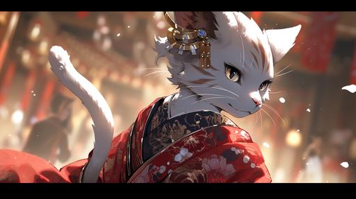 (photorealistic), (kemono), (masterpiece), (best quality), (best possible image), (ultra-detailed)(sharp focus), (fursona), (furry) Wallpaper. A lovely female anthropomorphic Siamese feline dressed in a highly detailed shimmering red and blue silk kimono. Facing forward and slightly to the right. Seen from mid-chest to above head. Blue eyes. Light brown Siamese cat facial markings. One hand is extended before her and to one side. A shimmering pale blue ovoid spindle hovers above her upturned palm with blurred motion lines as if spins. Little motes of light surround it. Her attention is fixed on this object. Completely black background. Vector graphic illustration in the style of Studio Ghibli,8k --ar 16:9 --niji 5