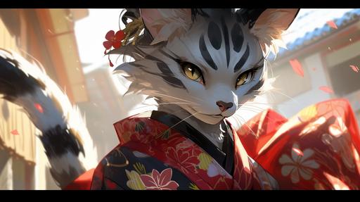 (photorealistic), (kemono), (masterpiece), (best quality), (best possible image), (ultra-detailed)(sharp focus), (fursona), (furry) Wallpaper. A lovely female anthropomorphic Siamese feline dressed in a highly detailed shimmering red and blue silk kimono. Facing forward and slightly to the right. Seen from mid-chest to above head. Blue eyes. Light brown Siamese cat facial markings. One hand is extended before her and to one side. A shimmering pale blue ovoid spindle hovers above her upturned palm with blurred motion lines as if spins. Little motes of light surround it. Her attention is fixed on this object. Completely black background. Vector graphic illustration in the style of Studio Ghibli,8k --ar 16:9 --niji 5