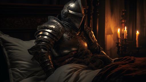 photorealistic movie still of a dark souls suit of armor under the covers in a nice comfortable bed in a victorian inn, gas lamp lighting, UHD 4K, ultrarealism, candle light, photorealism --ar 16:9 --v 5.2