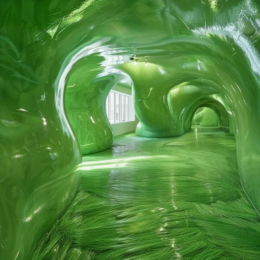 photorealistic museum exhibit full of inflatable grass on the walls and ceiling.