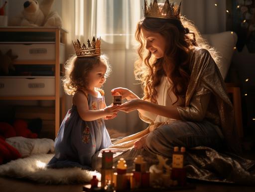 photorealistic photo of woman wearing toy crown playing with princess toys on the floor with her daughter who is playing princess dress up next to coffee table, bright lighting, beautiful lighting, sun shining through the window, uplighting --ar 4:3