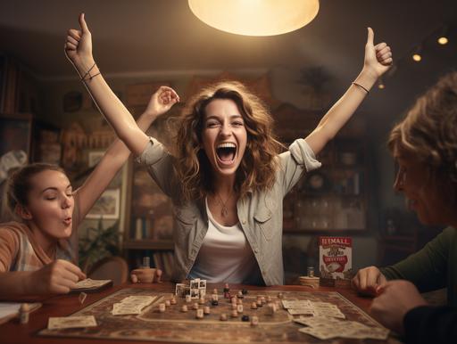 photorealistic photo of woman with two friends playting a board game, arms raised in victory --ar 4:3