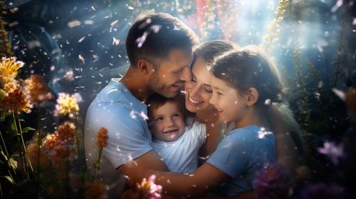photorealistic photo ultra-realistic photograph captured with a Sony α7 III camera, family hugs, aura, energy field, light-blue light, garden flowers background, mystic, spiritual, detailed, rays light, highlighting the subject, High resolution, realism --ar 16:9 --v 5.2