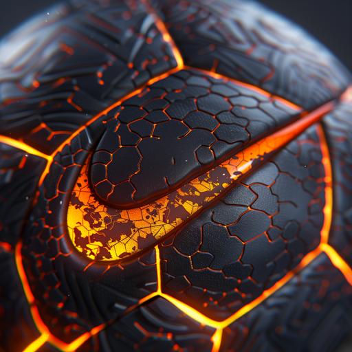 photorealistic photography 8k high octane render intricate detail macro shot brand new nike football ball with neon orange fire within nike tick full close up of ball detail, photorealistic