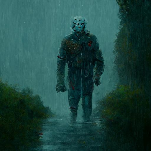 photorealistic picture of Jason Voorhees done in the style of Vincent Locke, rain, graveyard