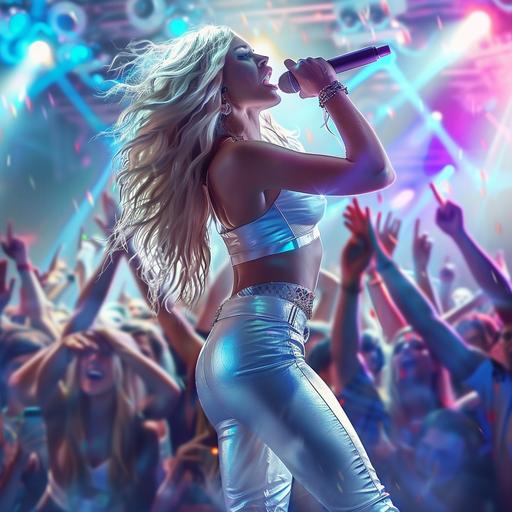 photorealistic picture of a beautiful female russian wearing a white leather leggings, holding a microphone and singing in front of a rave crowd, shot using nikon dslr