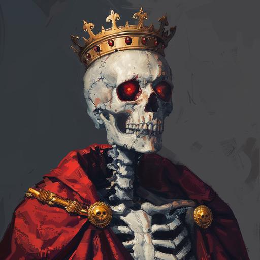 photorealistic portrait of a white skeleton king, red eyes, big gold crown, red king's cape