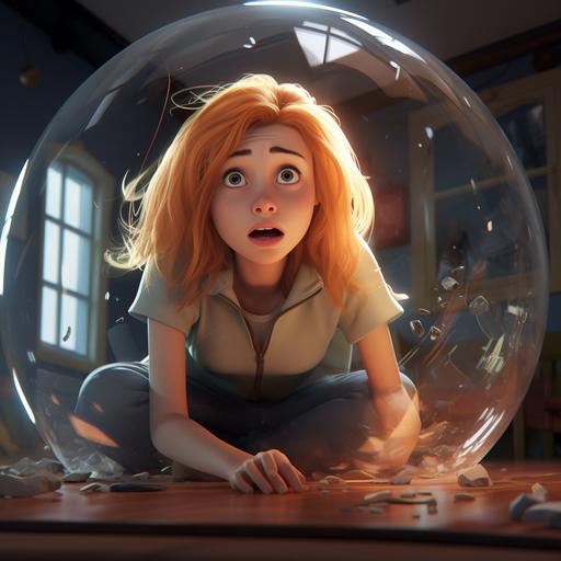 photorealistic portrait of disney character Lor McQuarrie, captured in a giant transparent hamster ball, zoomed out view of a living room floor, short shoulder-length cherry blond hair, looking scared sad and distressed, dressed in a t-shirt, cinematic, dramatic lighting, dark comedy, horror, unreal engine.