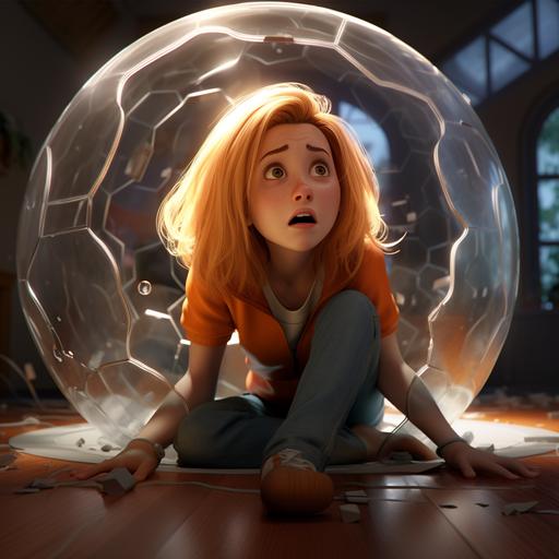 photorealistic portrait of disney character Lor McQuarrie, captured in a giant transparent hamster ball, zoomed out view of a living room floor, short shoulder-length cherry blond hair, looking scared sad and distressed, dressed in a t-shirt, cinematic, dramatic lighting, dark comedy, horror, unreal engine.