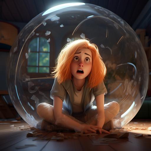 photorealistic portrait of disney character Lor McQuarrie, captured in a giant transparent hamster ball, zoomed out view of a living room floor, short shoulder-length cherry blond hair, looking scared sad and distressed, dressed in a t-shirt, cinematic, dramatic lighting, dark comedy, horror, unreal engine.