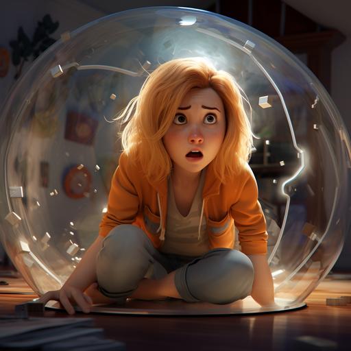 photorealistic portrait of disney character Lor McQuarrie, captured in a giant transparent hamster ball, zoomed out view of a living room floor, short shoulder-length cherry blond hair, looking scared sad and distressed, dressed in a t-shirt, cinematic, dramatic lighting, dark comedy, horror, unreal engine.