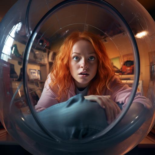 photorealistic portrait of young Lindsay Lohan, captured in a giant transparent hamster ball, zoomed out view of a living room floor, short shoulder-length cherry blond hair, looking scared sad and distressed, dressed in a t-shirt, cinematic, dramatic lighting, dark comedy, horror, unreal engine.