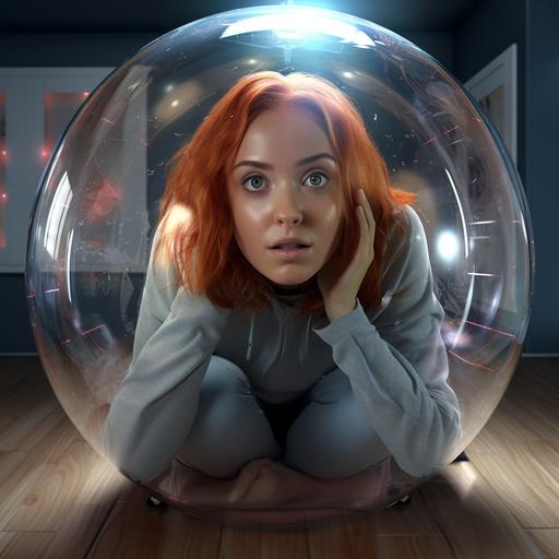 photorealistic portrait of young Lindsay Lohan, captured in a giant transparent hamster ball, zoomed out view of a living room floor, short shoulder-length cherry blond hair, looking scared sad and distressed, dressed in a t-shirt, cinematic, dramatic lighting, dark comedy, horror, unreal engine.