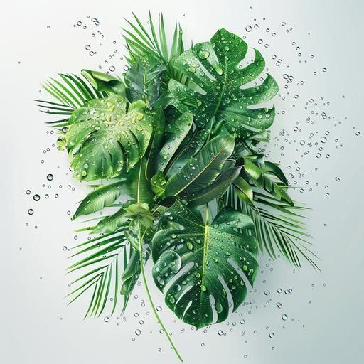 photorealistic publicity photo of green tropical palm leaves and water droplets floating in the air as a bundle, white background