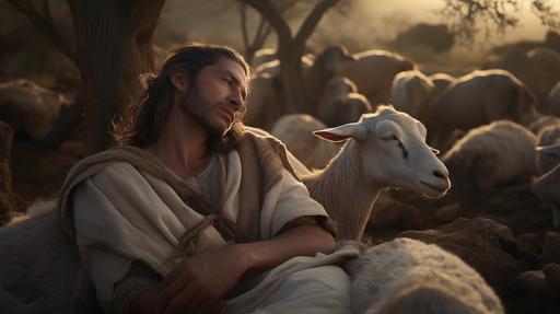 photorealistic realistic photo, in the Bible, Nethanel, the head of the tribe of Issachar, one of the twelve tribes of Israel in the Old Testament, a rawboned donkey lying down among the sheep pens, man in his 30s, standing alone in the wilderness, 8k rtx on --ar 16:9