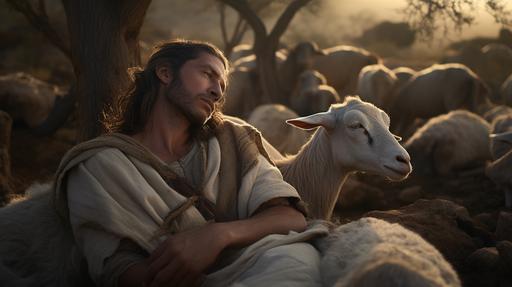 photorealistic realistic photo, in the Bible, Nethanel, the head of the tribe of Issachar, one of the twelve tribes of Israel in the Old Testament, a rawboned donkey lying down among the sheep pens, man in his 30s, standing alone in the wilderness, 8k rtx on --ar 16:9