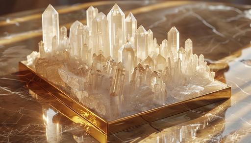 photorealistic selenite crystal with natural light reflections sitting on gold marble display tray, abstract --ar 7:4