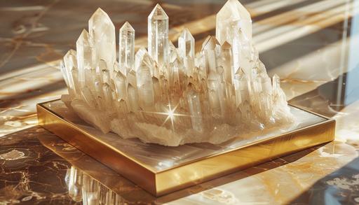 photorealistic selenite crystal with natural light reflections sitting on gold marble display tray, abstract --ar 7:4