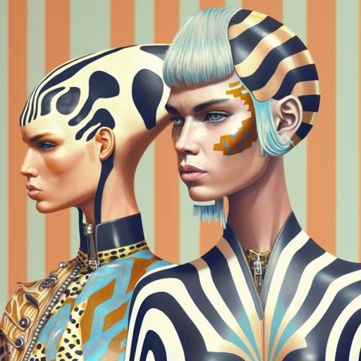 photorealistic, side profile, Android, 70s fashion, retro futurism, sci-fi, half-horse, centaur, twins, non-binary, haute couture, cleopatra, Japanese, drag, Grace Jones, elvis Presley, really long face, really long neck, lucha libre, face paint, fur coat, pastel colors, pattern textiles, polka dots, stripes, abstract shapes, iridescence, iridescent track suits, pearls, jewelry, green, pink, gold, braids, necklaces, hijab, snake skin, scales, zebra, gills, pointed ears, big eyelashes, rainbow, large glasses, face mask, crystals, feathers in hair, jellyfish, spikes