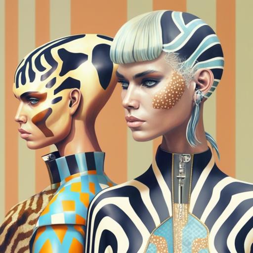 photorealistic, side profile, Android, 70s fashion, retro futurism, sci-fi, half-horse, centaur, twins, non-binary, haute couture, cleopatra, Japanese, drag, Grace Jones, elvis Presley, really long face, really long neck, lucha libre, face paint, fur coat, pastel colors, pattern textiles, polka dots, stripes, abstract shapes, iridescence, iridescent track suits, pearls, jewelry, green, pink, gold, braids, necklaces, hijab, snake skin, scales, zebra, gills, pointed ears, big eyelashes, rainbow, large glasses, face mask, crystals, feathers in hair, jellyfish, spikes