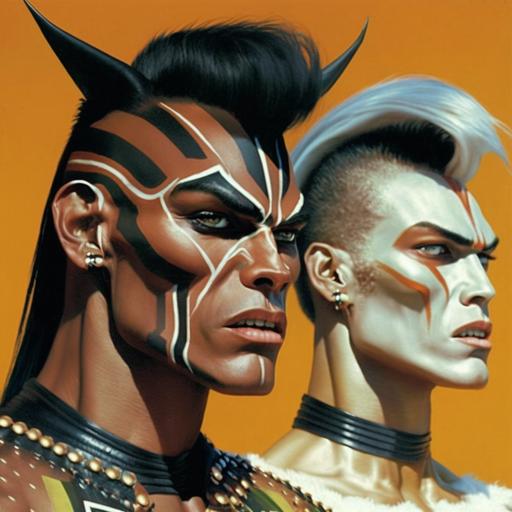 photorealistic, side profile, open mouth, teeth, Android, 70s fashion, 80s goth punk, retro futurism, sci-fi, half-horse, centaur, twins, non-binary, haute couture, cleopatra, Japanese, drag, Grace Jones, elvis Presley, really long face, really long neck, unibrow, lucha libre, face paint, fur coat, pastel colors, pattern textiles, polka dots, stripes, abstract shapes, iridescence, pearls, jewelry, green, pink, gold, braids, necklaces, hijab, snake skin, scales, zebra, gills, pointed ears, big eyelashes, big eyebrows, rainbow, large glasses, face mask, crystals, feathers in hair, jellyfish, spikes