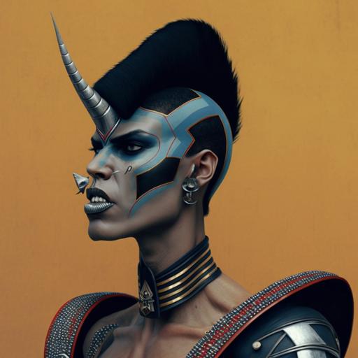 photorealistic, side profile, open mouth, teeth, Android, 70s fashion, 80s goth punk, retro futurism, sci-fi, half-horse, centaur, twins, non-binary, haute couture, cleopatra, Japanese, drag, Grace Jones, elvis Presley, really long face, really long neck, unibrow, lucha libre, face paint, fur coat, pastel colors, pattern textiles, polka dots, stripes, abstract shapes, iridescence, pearls, jewelry, green, pink, gold, braids, necklaces, hijab, snake skin, scales, zebra, gills, pointed ears, big eyelashes, big eyebrows, rainbow, large glasses, face mask, crystals, feathers in hair, jellyfish, spikes