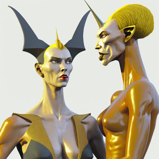 photorealistic, side profile, tall, slender, open mouth, teeth, Android, 70s fashion, retro futurism, sci-fi, half-horse, centaur, twins, non-binary, haute couture, cleopatra, Japanese, drag, Grace Jones, elvis Presley, really long face, really long neck, unibrow, lucha libre, face paint, fur coat, pastel colors, pattern textiles, polka dots, stripes, abstract shapes, iridescence, iridescent track suits, pearls, jewelry, green, pink, gold, braids, necklaces, hijab, snake skin, scales, zebra, gills, pointed ears, big eyelashes, rainbow, large glasses, face mask, crystals, feathers in hair, jellyfish, spikes