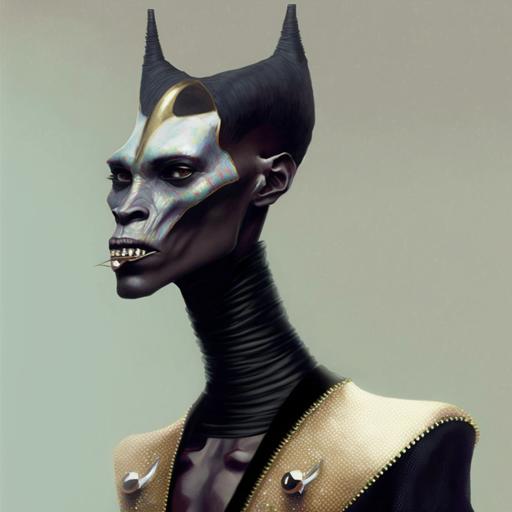 photorealistic, side profile, tall, slender, open mouth, teeth, Android, 70s fashion, retro futurism, sci-fi, half-horse, centaur, twins, non-binary, haute couture, cleopatra, Japanese, drag, Grace Jones, elvis Presley, really long face, really long neck, unibrow, lucha libre, face paint, fur coat, pastel colors, pattern textiles, polka dots, stripes, abstract shapes, iridescence, iridescent track suits, pearls, jewelry, green, pink, gold, braids, necklaces, hijab, snake skin, scales, zebra, gills, pointed ears, big eyelashes, rainbow, large glasses, face mask, crystals, feathers in hair, jellyfish, spikes