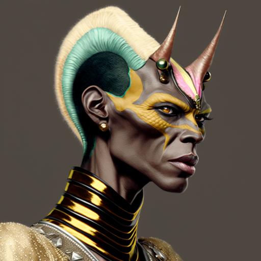 photorealistic, side profile, tall, slender, open mouth, teeth, Android, 70s fashion, retro futurism, sci-fi, half-horse, centaur, twins, non-binary, haute couture, cleopatra, Japanese, drag, Grace Jones, elvis Presley, really long face, really long neck, unibrow, lucha libre, face paint, fur coat, pastel colors, pattern textiles, polka dots, stripes, abstract shapes, iridescence, iridescent track suits, pearls, jewelry, green, pink, gold, braids, necklaces, hijab, snake skin, scales, zebra, gills, pointed ears, big eyelashes, rainbow, large glasses, face mask, crystals, feathers in hair, jellyfish, spikes