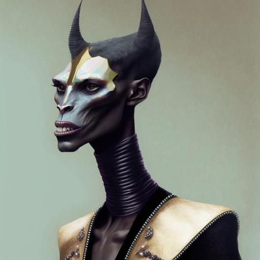 photorealistic, side profile, tall, slender, open mouth, teeth, Android, 70s fashion, retro futurism, sci-fi, half-horse, centaur, twins, non-binary, haute couture, cleopatra, Japanese, drag, Grace Jones, elvis Presley, really long face, really long neck, unibrow, lucha libre, face paint, fur coat, pastel colors, pattern textiles, polka dots, stripes, abstract shapes, iridescence, iridescent track suits, pearls, jewelry, green, pink, gold, braids, necklaces, hijab, snake skin, scales, zebra, gills, pointed ears, big eyelashes, rainbow, large glasses, face mask, crystals, feathers in hair, jellyfish, spikes