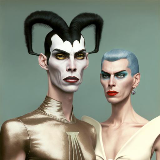 photorealistic, side profile, tall, slender, open mouth, teeth, Android, 70s fashion, retro futurism, sci-fi, half-horse, centaur, twins, non-binary, haute couture, cleopatra, Japanese, drag, Grace Jones, elvis Presley, really long face, really long neck, unibrow, lucha libre, face paint, fur coat, pastel colors, pattern textiles, polka dots, stripes, abstract shapes, iridescence, iridescent track suits, pearls, jewelry, green, pink, gold, braids, necklaces, hijab, snake skin, scales, zebra, gills, pointed ears, big eyelashes, rainbow, large glasses, face mask, crystals, feathers in hair, jellyfish, spikes