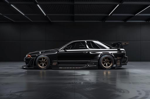 photorealistic side view of a black 2023 Nissan Skyline drift racing car with a black spoiler in a black room with a black floor, bronze wheels, japanese, everything is black, pure black walls, side view only --ar 3:2 --v 6.0