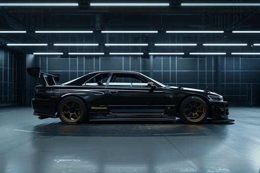photorealistic side view of a black 2023 Nissan Skyline drift racing car with a black spoiler in a black room with a black floor, bronze wheels, japanese, everything is black, pure black walls, side view only --v 6.0 --ar 3:2