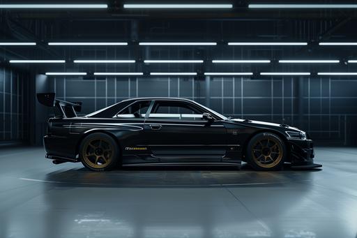 photorealistic side view of a black 2023 Nissan Skyline drift racing car with a black spoiler in a black room with a black floor, bronze wheels, japanese, everything is black, pure black walls, side view only --v 6.0 --ar 3:2