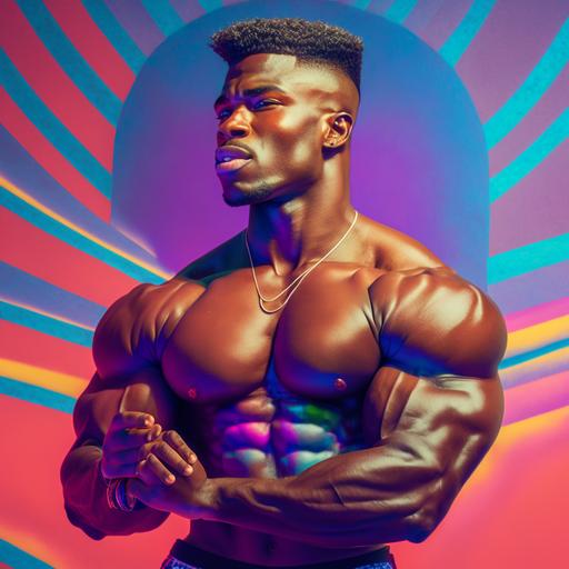 photorealistic stocky, athletic black male in the 90s. In front of a retro painted backdrop. Voluminous lighting. Clear, expressive, colorful. Detailed