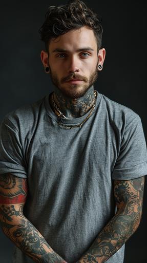 photorealistic studio photography product photography full body shot frontal, male alternative model with tattoos and piercings modling a grey t-shirt in a photostudio, studio lighting black background --ar 9:16 --v 6.0 --s 250