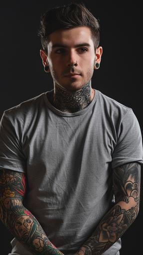 photorealistic studio photography product photography full body shot frontal, male alternative model with tattoos and piercings modling a grey t-shirt less wrinkles in a photostudio, studio lighting black background --ar 9:16 --v 6.0 --s 250